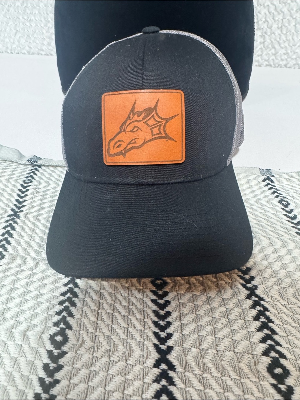Black Trucker Cap with Leather Dragon Patch - Men